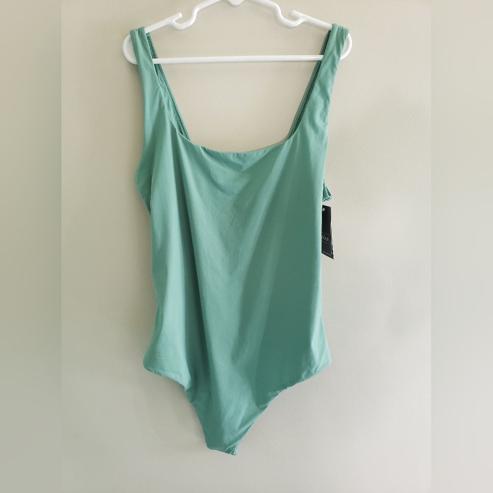 Auden Bodysuit Sleeveless Sage Square Neckline Stretch Thong Model Off Duty